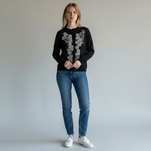 Christopher & Banks Black Cardigan Beaded Button Front Long Sleeve